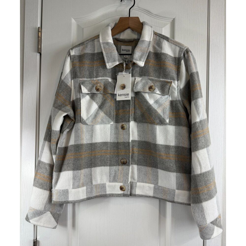 Kensie Jeans Women's Plaid Shirt Jacket Shacket Gray White Size L Large NWT